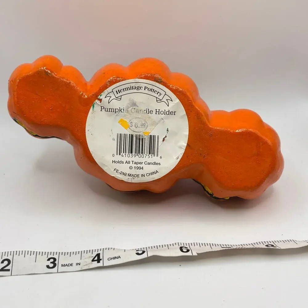 Vintage 90s Halloween Orange Jack-o-Lantern Ceramic Pumpkin Taper Candle Holder